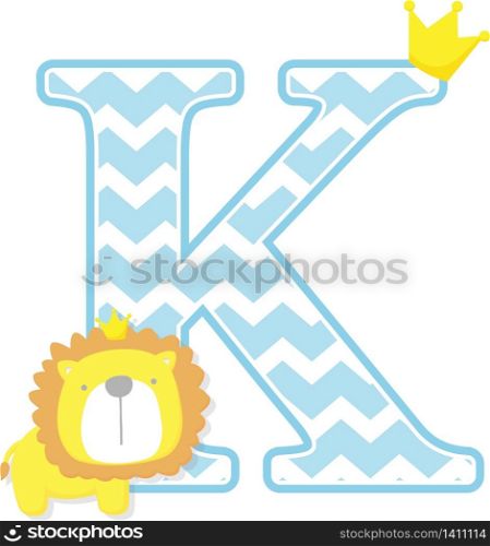 initial k with cute little lion king with golden crown isolated on white background. can be used for father&rsquo;s day card, baby boy birth announcements, nursery decoration, party theme or birthday invitation