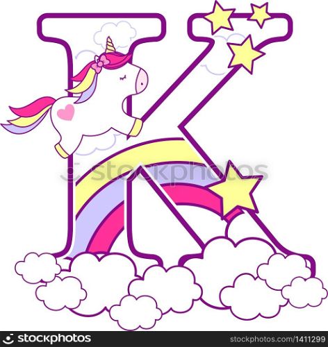 initial k with cute unicorn and rainbow. can be used for baby birth announcements, nursery decoration, party theme or birthday invitation. Design for baby and children