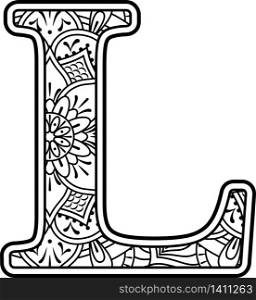 initial l in black and white with doodle ornaments and design elements from mandala art style for coloring. Isolated on white background