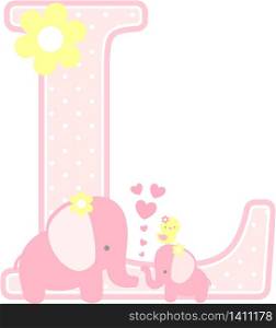 initial l with cute elephant and little baby elephant isolated on white. can be used for mother&rsquo;s day card, baby girl birth announcements, nursery decoration, party theme or birthday invitation