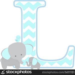 initial l with cute elephant and little baby elephant isolated on white background. can be used for father&rsquo;s day card, baby boy birth announcements, nursery decoration, party theme or birthday invitation