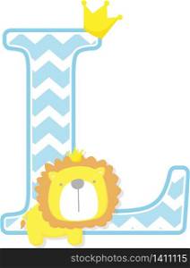 initial l with cute little lion king with golden crown isolated on white background. can be used for father&rsquo;s day card, baby boy birth announcements, nursery decoration, party theme or birthday invitation
