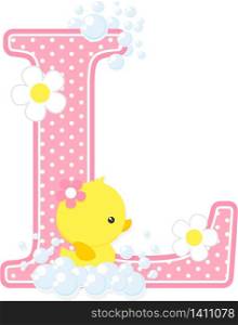 initial l with flowers and cute rubber duck isolated on white. can be used for baby girl birth announcements, nursery decoration, party theme or birthday invitation. Design for baby girl