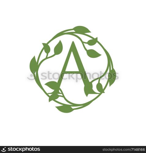 initial letter A with circle green leaf vector illustration