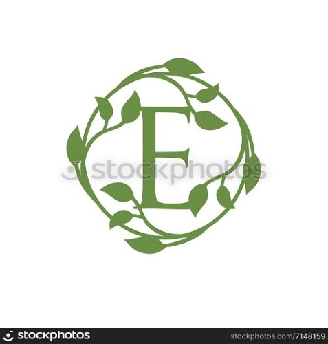 initial letter E with circle green leaf vector illustration