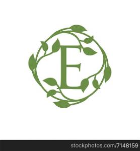initial letter E with circle green leaf vector illustration