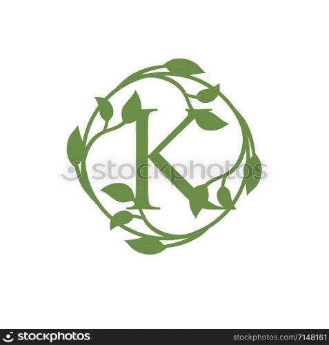 initial letter K with circle green leaf vector illustration
