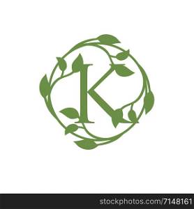 initial letter K with circle green leaf vector illustration