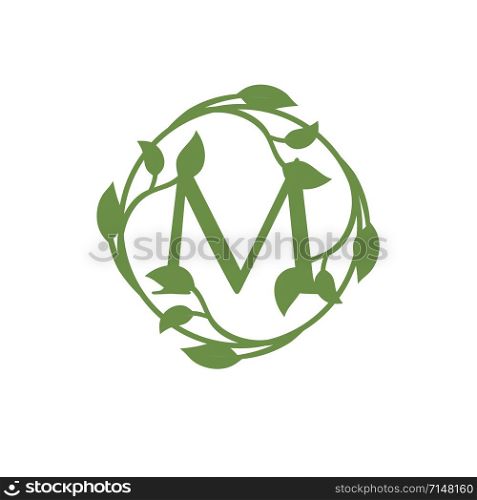 initial letter M with circle green leaf vector illustration
