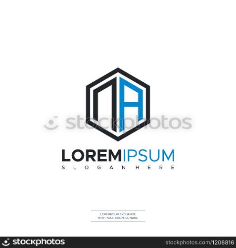 Initial letter NA Polygon, minimalist line art monogram hexagon logo, black and blue color Design