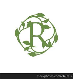 initial letter R with circle green leaf vector illustration