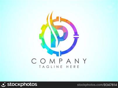 Initial low poly alphabet with gear pipe and flame. Oil and gas logo concept