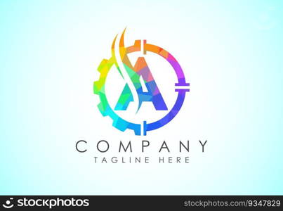 Initial low poly alphabet with gear pipe and flame. Oil and gas logo concept