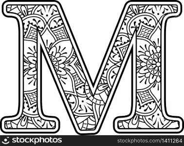 initial m in black and white with doodle ornaments and design elements from mandala art style for coloring. Isolated on white background
