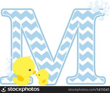 initial m with bubbles and little baby rubber duck isolated on white background. can be used for baby boy birth announcements, nursery decoration, party theme or birthday invitation
