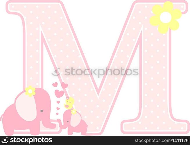 initial m with cute elephant and little baby elephant isolated on white. can be used for mother&rsquo;s day card, baby girl birth announcements, nursery decoration, party theme or birthday invitation