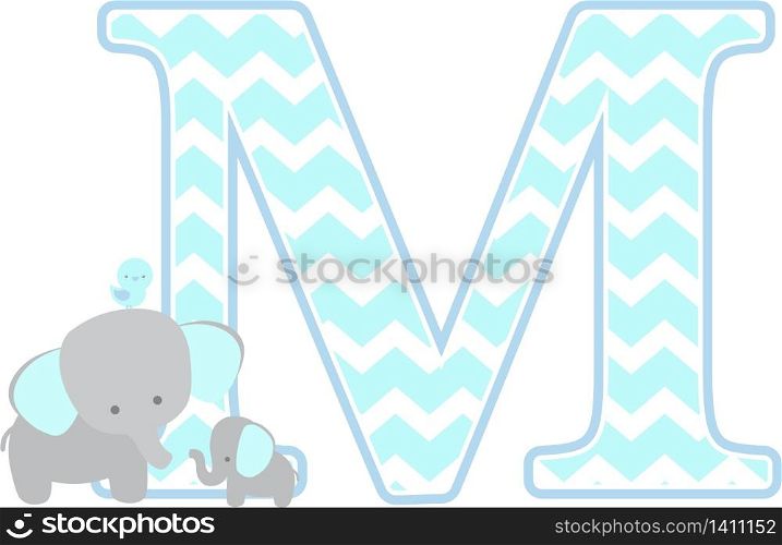 initial m with cute elephant and little baby elephant isolated on white background. can be used for father&rsquo;s day card, baby boy birth announcements, nursery decoration, party theme or birthday invitation