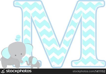 initial m with cute elephant and little baby elephant isolated on white background. can be used for father&rsquo;s day card, baby boy birth announcements, nursery decoration, party theme or birthday invitation