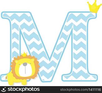 initial m with cute little lion king with golden crown isolated on white background. can be used for father&rsquo;s day card, baby boy birth announcements, nursery decoration, party theme or birthday invitation