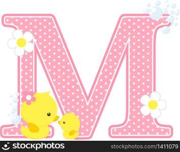 initial m with flowers and cute baby duck and mom isolated on white. can be used for baby girl birth announcements, nursery decoration, mother&rsquo;s day card,party theme or birthday invitation. Design for baby girl