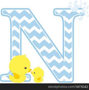 initial n with bubbles and little baby rubber duck isolated on white background. can be used for baby boy birth announcements, nursery decoration, party theme or birthday invitation