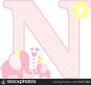 initial n with cute elephant and little baby elephant isolated on white. can be used for mother&rsquo;s day card, baby girl birth announcements, nursery decoration, party theme or birthday invitation