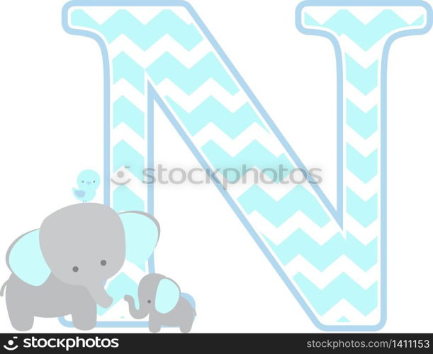 initial n with cute elephant and little baby elephant isolated on white background. can be used for father&rsquo;s day card, baby boy birth announcements, nursery decoration, party theme or birthday invitation