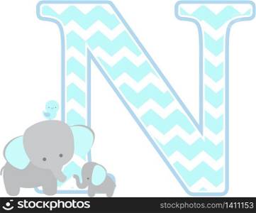 initial n with cute elephant and little baby elephant isolated on white background. can be used for father&rsquo;s day card, baby boy birth announcements, nursery decoration, party theme or birthday invitation