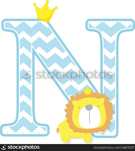 initial n with cute little lion king with golden crown isolated on white background. can be used for father&rsquo;s day card, baby boy birth announcements, nursery decoration, party theme or birthday invitation
