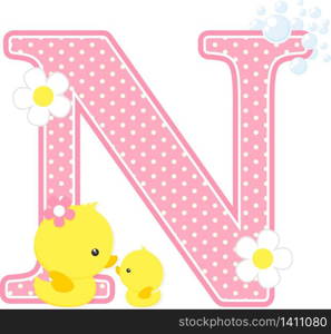 initial n with flowers and cute baby duck and mom isolated on white. can be used for baby girl birth announcements, nursery decoration, mother&rsquo;s day card,party theme or birthday invitation. Design for baby girl