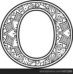 initial o in black and white with doodle ornaments and design elements from mandala art style for coloring. Isolated on white background