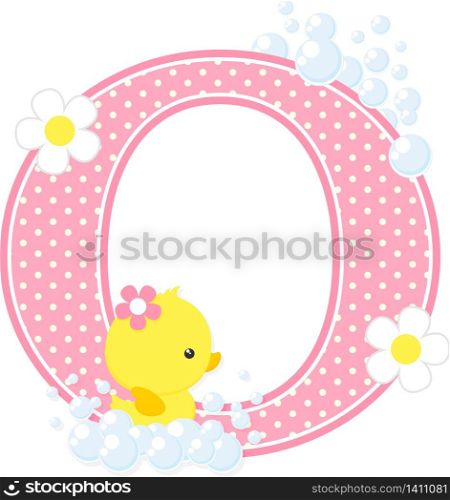 initial o with bubbles and cute rubber duck isolated on white. can be used for baby girl birth announcements, nursery decoration, party theme or birthday invitation. Design for baby girl