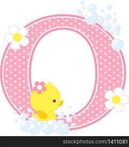 initial o with bubbles and cute rubber duck isolated on white. can be used for baby girl birth announcements, nursery decoration, party theme or birthday invitation. Design for baby girl
