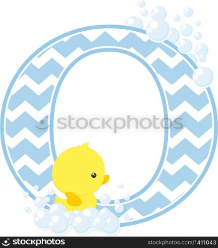 initial o with bubbles and little baby rubber duck isolated on white background. can be used for baby boy birth announcements, nursery decoration, party theme or birthday invitation