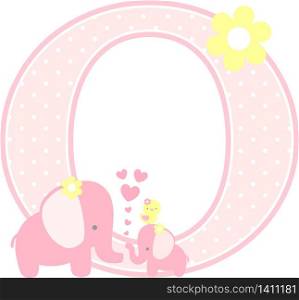 initial o with cute elephant and little baby elephant isolated on white. can be used for mother&rsquo;s day card, baby girl birth announcements, nursery decoration, party theme or birthday invitation