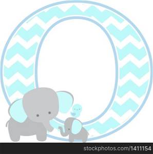 initial o with cute elephant and little baby elephant isolated on white background. can be used for father&rsquo;s day card, baby boy birth announcements, nursery decoration, party theme or birthday invitation