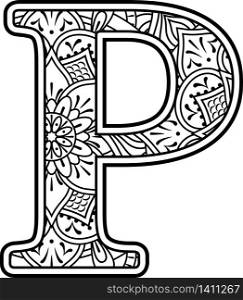 initial p in black and white with doodle ornaments and design elements from mandala art style for coloring. Isolated on white background
