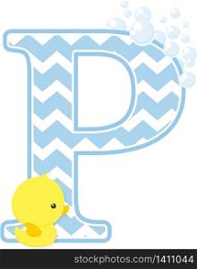 initial p with bubbles and little baby rubber duck isolated on white background. can be used for baby boy birth announcements, nursery decoration, party theme or birthday invitation