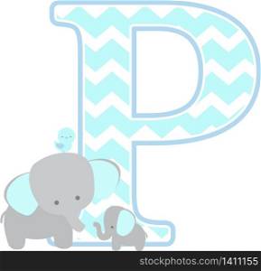 initial p with cute elephant and little baby elephant isolated on white background. can be used for father&rsquo;s day card, baby boy birth announcements, nursery decoration, party theme or birthday invitation