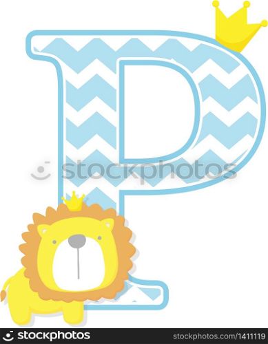 initial p with cute little lion king with golden crown isolated on white background. can be used for father&rsquo;s day card, baby boy birth announcements, nursery decoration, party theme or birthday invitation
