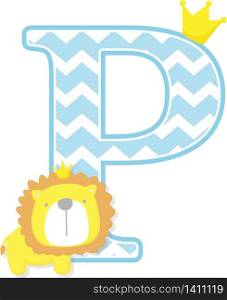 initial p with cute little lion king with golden crown isolated on white background. can be used for father&rsquo;s day card, baby boy birth announcements, nursery decoration, party theme or birthday invitation