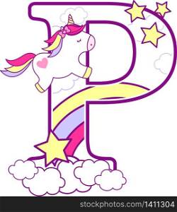 initial p with cute unicorn and rainbow. can be used for baby birth announcements, nursery decoration, party theme or birthday invitation. Design for baby and children
