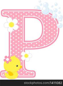 initial p with flowers and cute rubber duck isolated on white. can be used for baby girl birth announcements, nursery decoration, party theme or birthday invitation. Design for baby girl