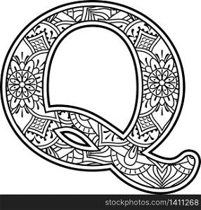 initial q in black and white with doodle ornaments and design elements from mandala art style for coloring. Isolated on white background