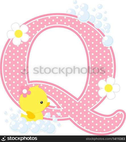 initial q with bubbles and cute rubber duck isolated on white. can be used for baby girl birth announcements, nursery decoration, party theme or birthday invitation. Design for baby girl