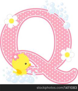 initial q with bubbles and cute rubber duck isolated on white. can be used for baby girl birth announcements, nursery decoration, party theme or birthday invitation. Design for baby girl