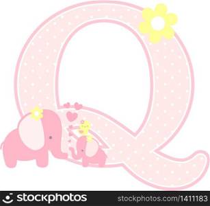 initial q with cute elephant and little baby elephant isolated on white. can be used for mother&rsquo;s day card, baby girl birth announcements, nursery decoration, party theme or birthday invitation