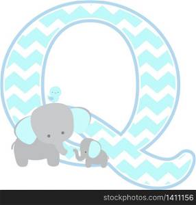 initial q with cute elephant and little baby elephant isolated on white background. can be used for father&rsquo;s day card, baby boy birth announcements, nursery decoration, party theme or birthday invitation