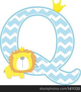 initial q with cute little lion king with golden crown isolated on white background. can be used for father&rsquo;s day card, baby boy birth announcements, nursery decoration, party theme or birthday invitation