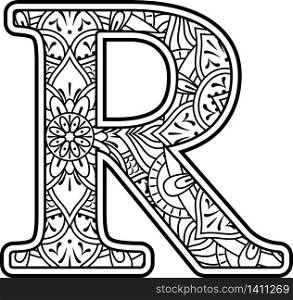 initial r in black and white with doodle ornaments and design elements from mandala art style for coloring. Isolated on white background
